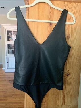 Black Faux Leather double V-Neck Sleeveless Thong Bodysuit with snaps